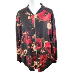 Susan Graver 3X Floral Bomber Jacket Red Burgundy Flower Womens Plus Size Coat‎